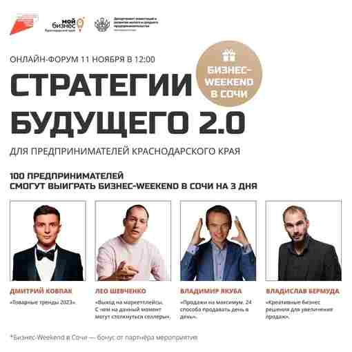 11 ноября в 12:00 состоится онлайн-форум «Стратегии будущего » для действующих предпринимателей Краснодарского края…